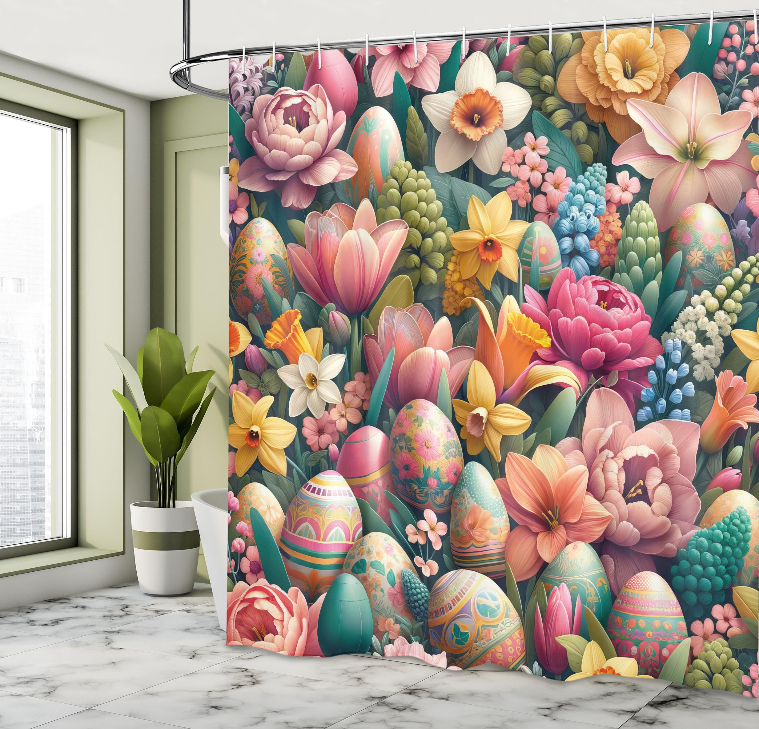 Ambesonne Spring Shower Curtain, Dreamy View Of Easter Eggs Floral Garden Huddles With Greenery Leaves, Cloth Fabric Bathroom De